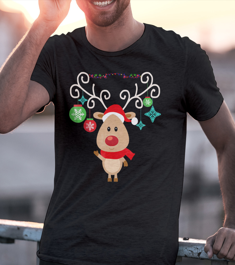 Santa Hat Rudolph Reindeer With Christmas Ornaments Red Nose T-Shirt