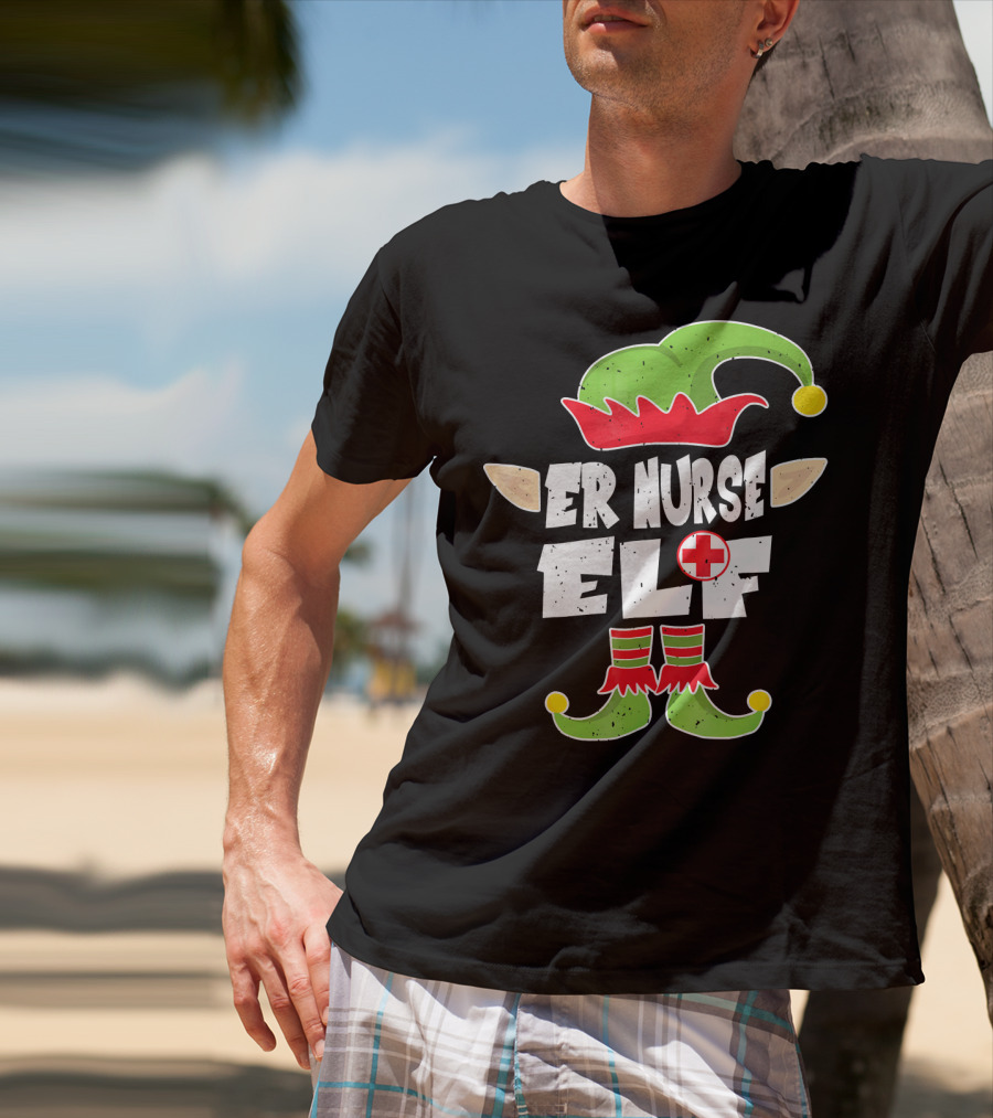 ER Nurse Elf Emergency Squad Christmas Hat And Shoes T-Shirt