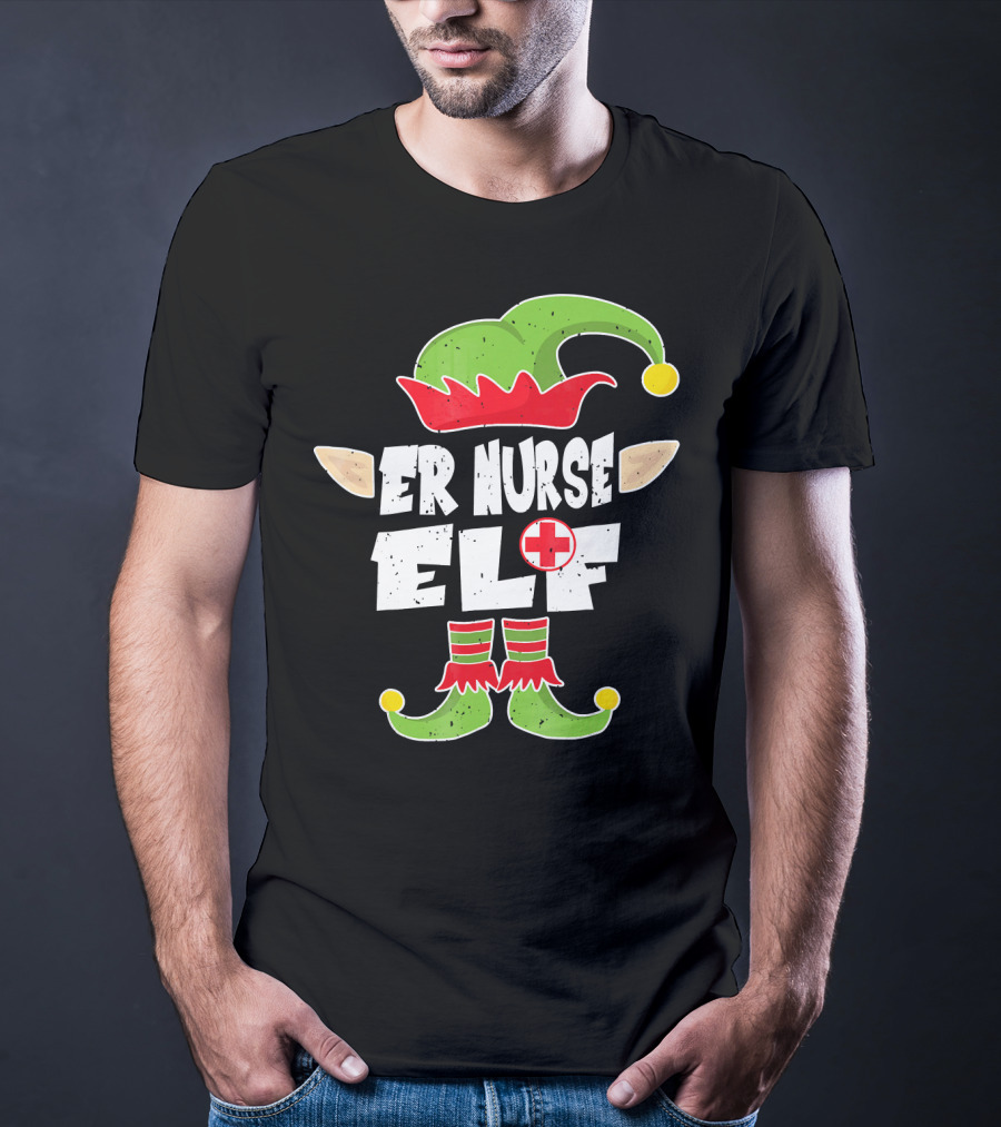 ER Nurse Elf Emergency Squad Christmas Hat And Shoes T-Shirt