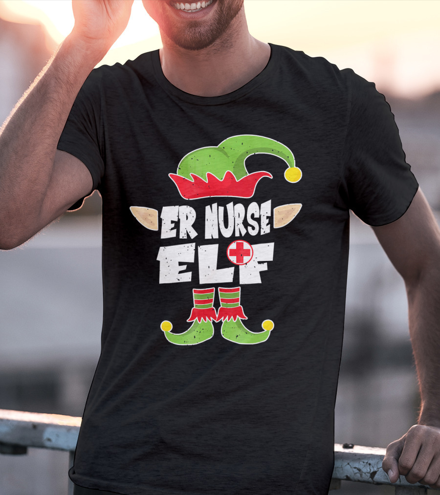 ER Nurse Elf Emergency Squad Christmas Hat And Shoes T-Shirt