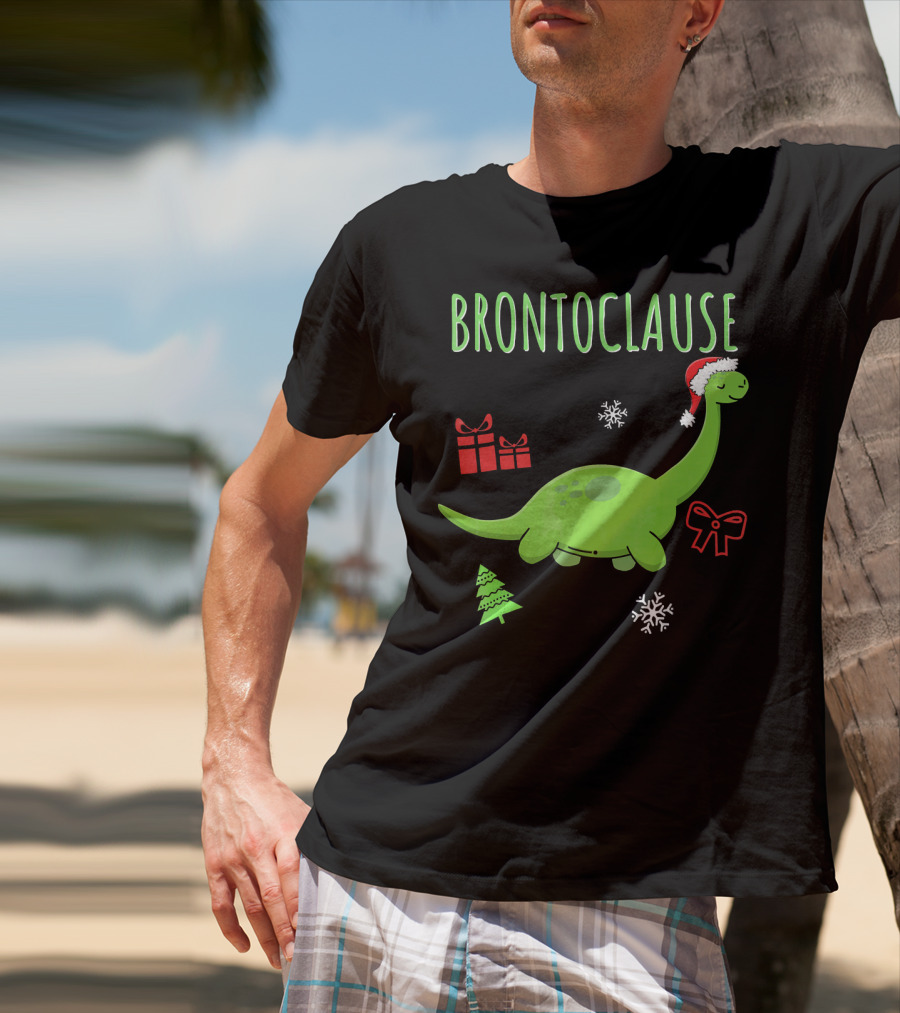 Brontoclause Christmas Dinosaur With Santa Hat And Holiday Gifts T-Shirt