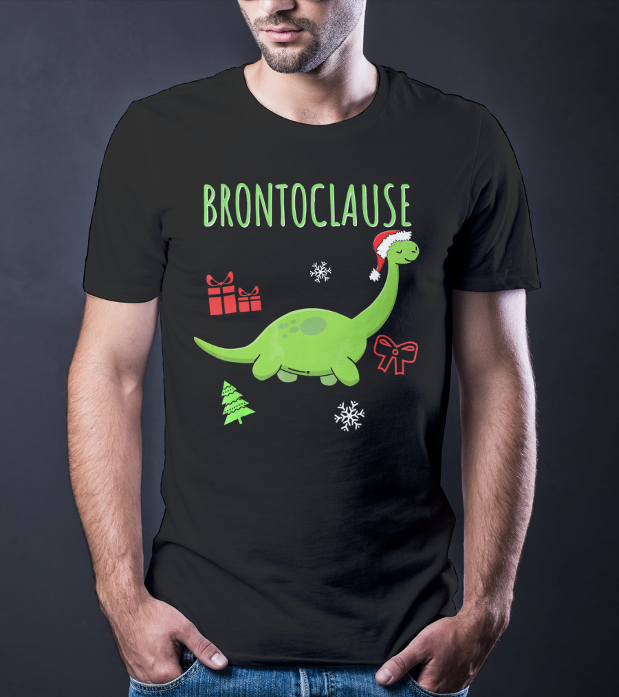 Brontoclause Christmas Dinosaur With Santa Hat And Holiday Gifts T-Shirt