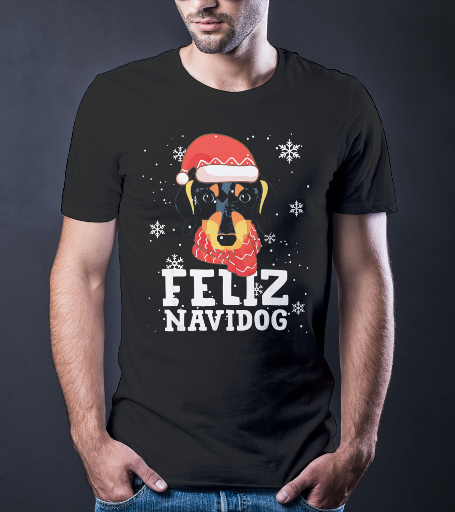 Feliz Navidog Dachshund Dog Christmas Snowflakes Santa Hat Scarf T-Shirt