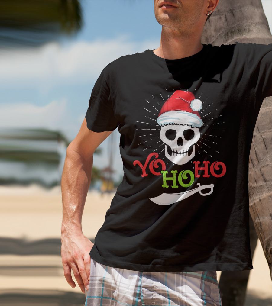 Yo Ho Ho Skull Santa Hat Pirate Sword T-Shirt