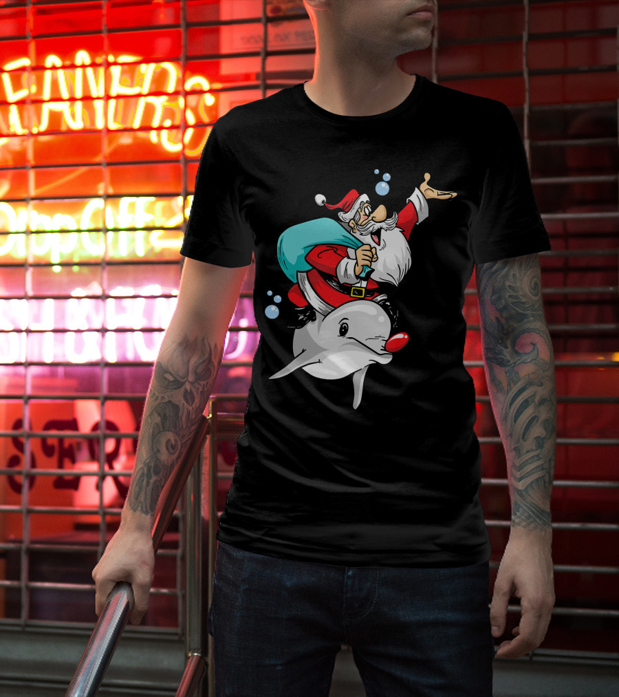 Christmas In July Santa Riding A Rudolph-Nosed Dolphin T-Shirt