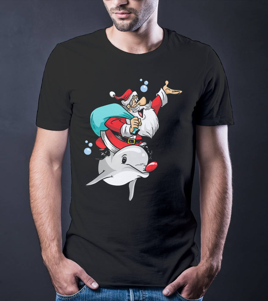 Christmas In July Santa Riding A Rudolph-Nosed Dolphin T-Shirt