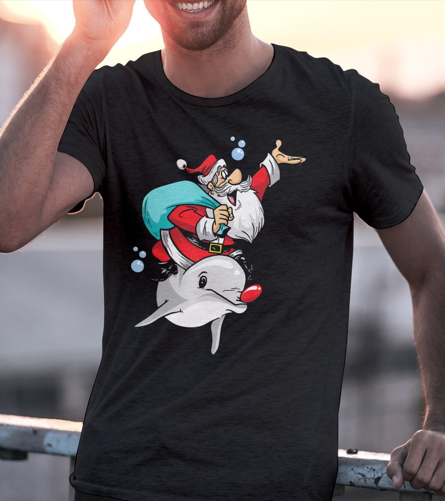Christmas In July Santa Riding A Rudolph-Nosed Dolphin T-Shirt