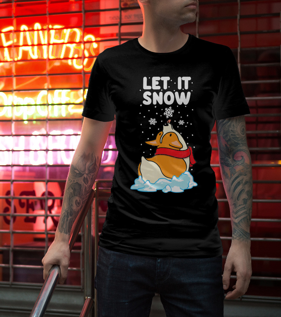 Let It Snow Corgi With Red Scarf In Snowfall T-Shirt
