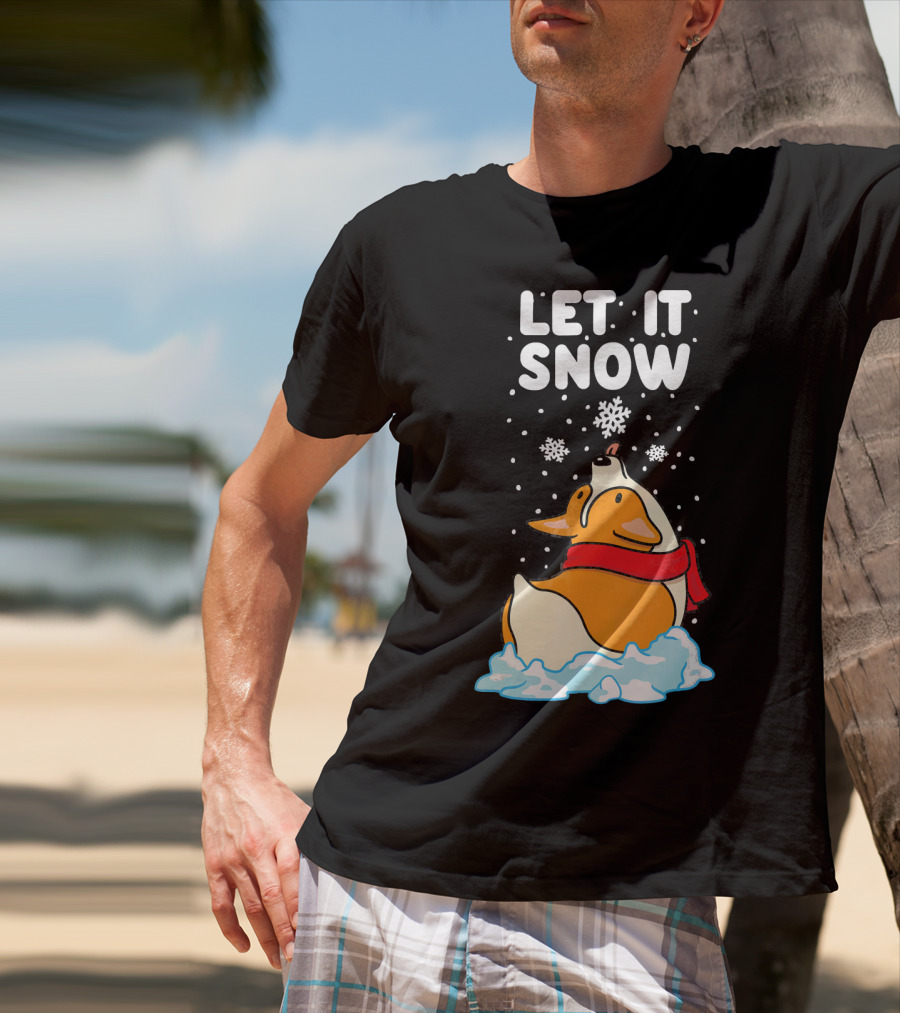 Let It Snow Corgi With Red Scarf In Snowfall T-Shirt