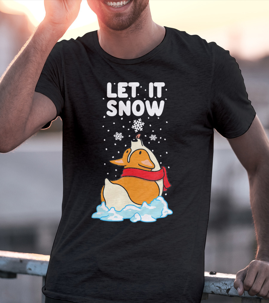 Let It Snow Corgi With Red Scarf In Snowfall T-Shirt
