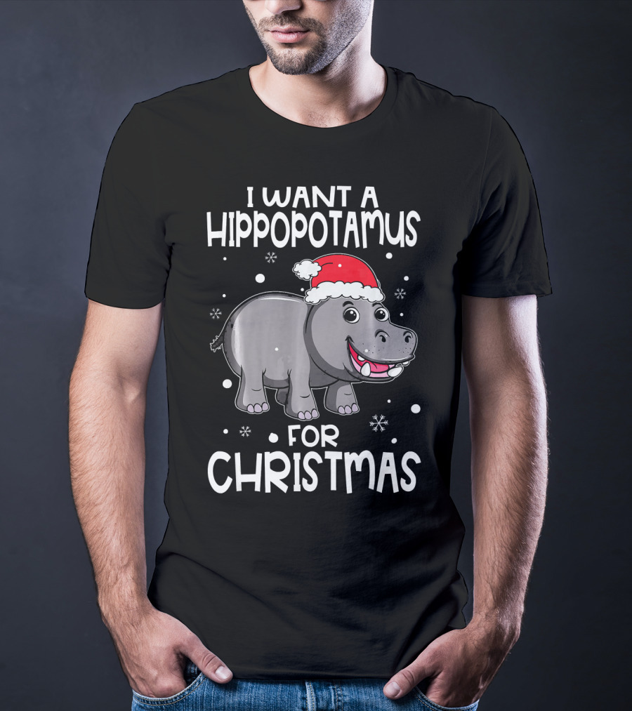 I Want A Hippopotamus For Christmas Santa Hat Snowflakes T-Shirt