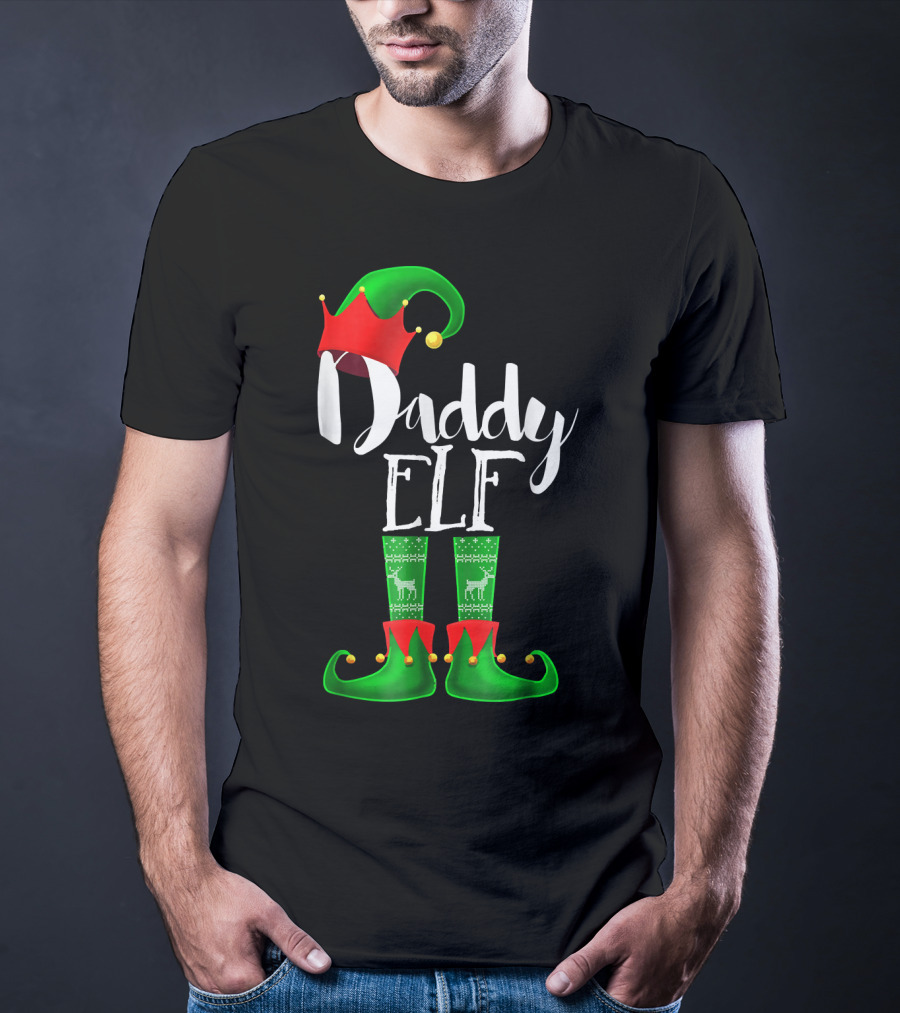 Daddy Elf Christmas Hat And Boots With Festive Green Socks T-Shirt