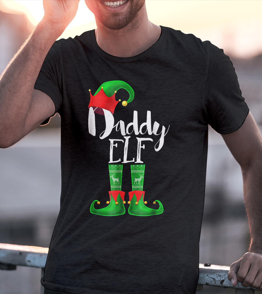 Daddy Elf Christmas Hat And Boots With Festive Green Socks T-Shirt