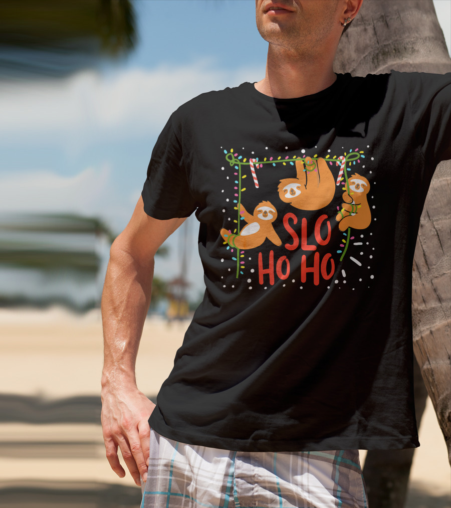 Slo Ho Ho Ho Christmas Sloth Hanging With Candy Cane And Lights T-Shirt
