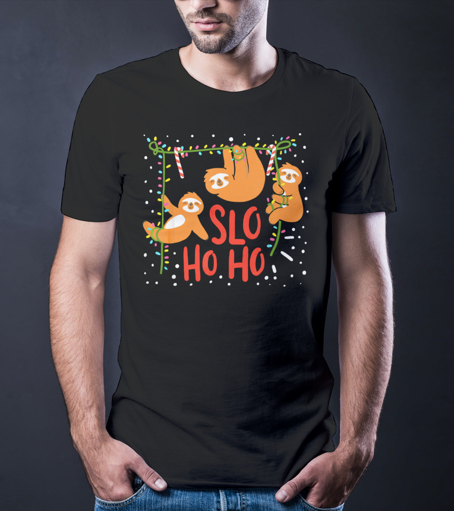 Slo Ho Ho Ho Christmas Sloth Hanging With Candy Cane And Lights T-Shirt
