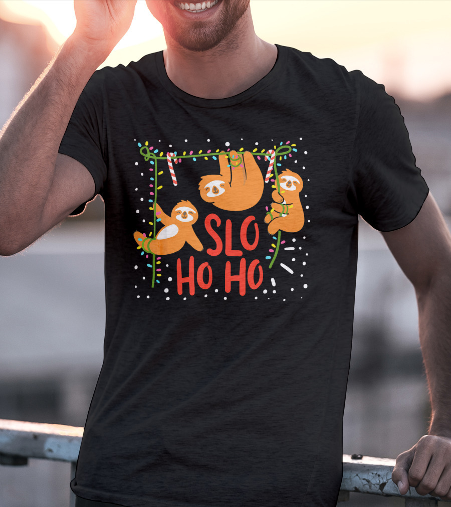 Slo Ho Ho Ho Christmas Sloth Hanging With Candy Cane And Lights T-Shirt