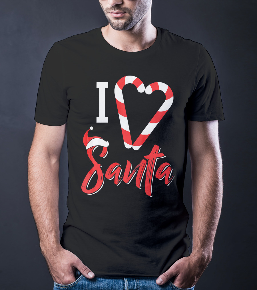 Christmas I Love Santa Candy Cane Heart With Santa Hat T-Shirt