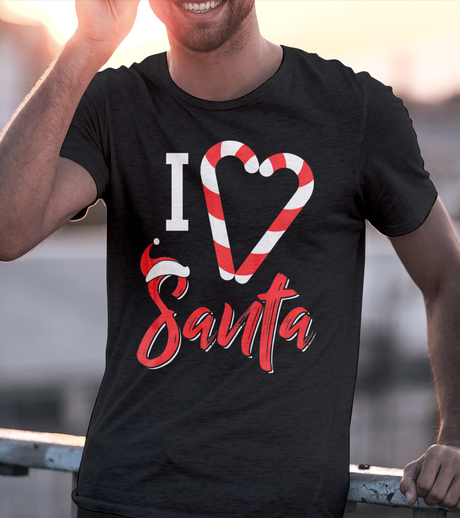 Christmas I Love Santa Candy Cane Heart With Santa Hat T-Shirt