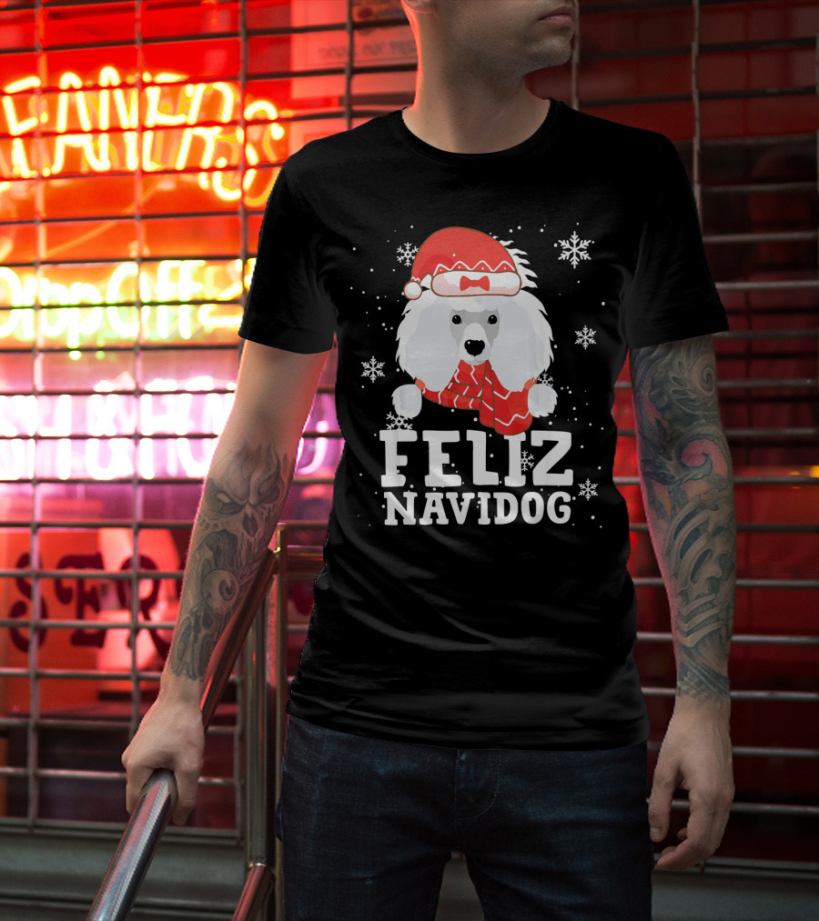 Feliz Navidog Poodle Dog Snowflakes Santa Hat Red Scarf T-Shirt