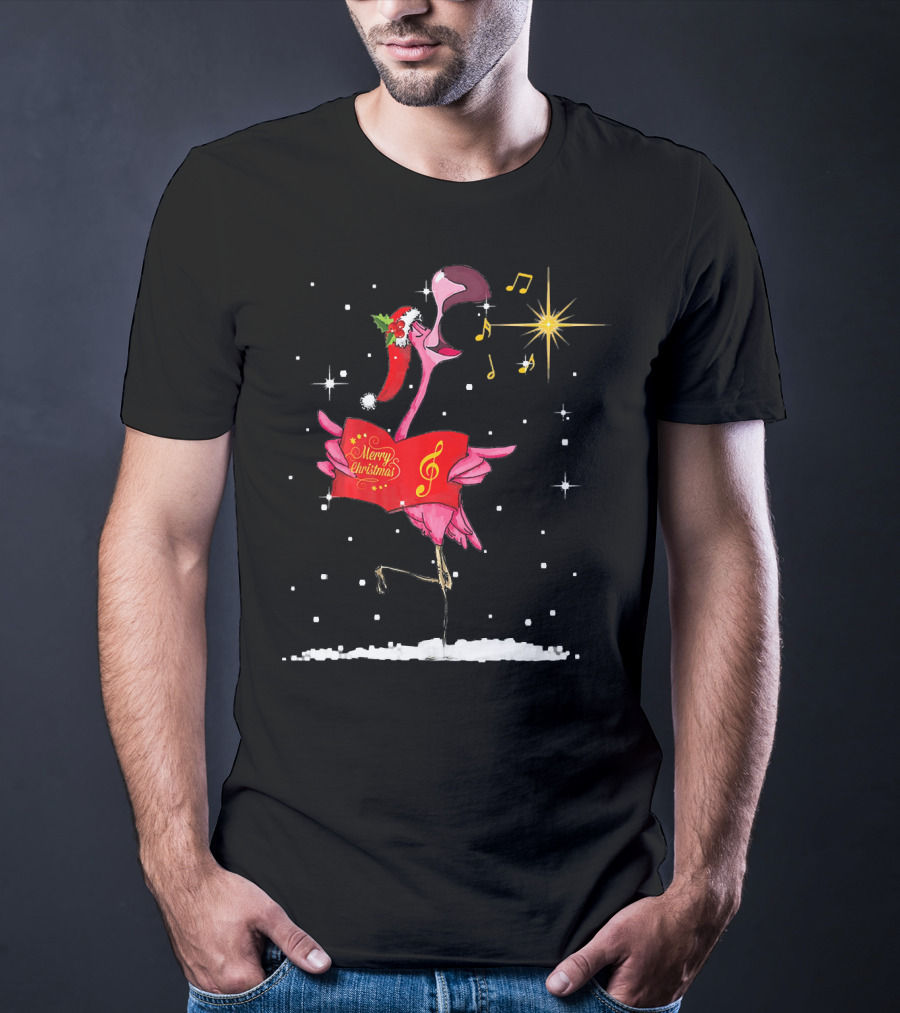 Funny Flamingo Sings Merry Christmas Song With Musical Notes And Santa Hat T-Shirt