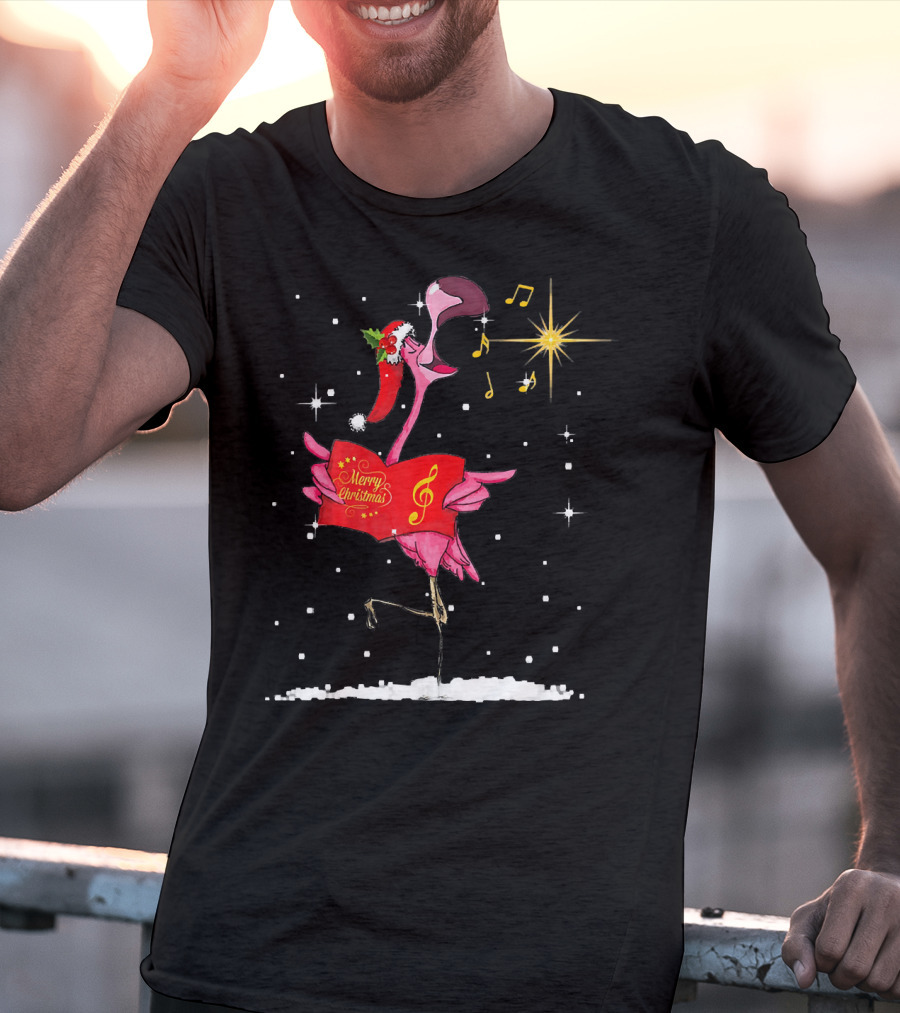 Funny Flamingo Sings Merry Christmas Song With Musical Notes And Santa Hat T-Shirt