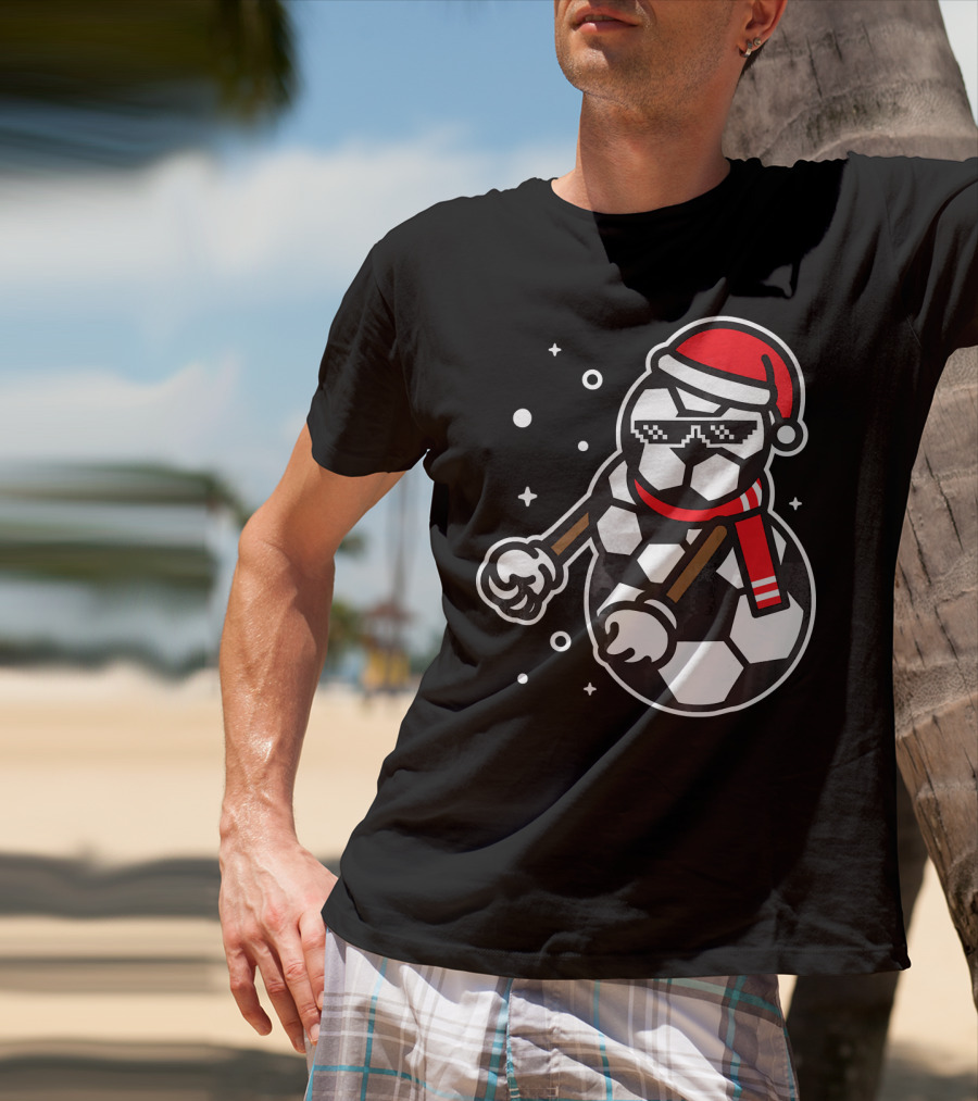 Soccer Player Snowman Funny Boy Girl Christmas Cool Santa Hat Pixel Glasses T-Shirt