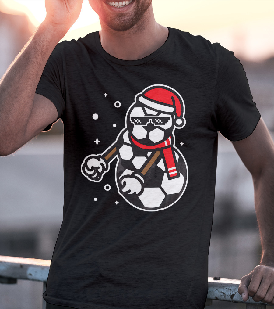 Soccer Player Snowman Funny Boy Girl Christmas Cool Santa Hat Pixel Glasses T-Shirt