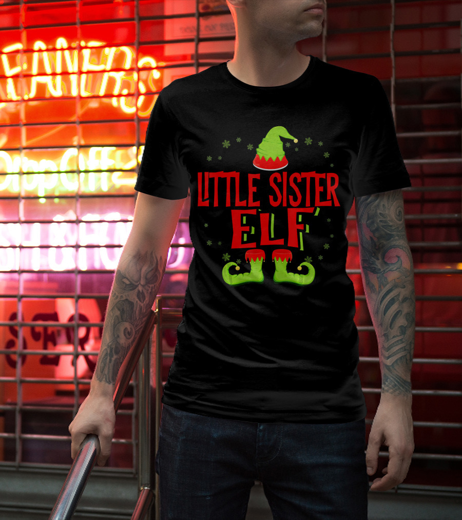 Little Sister Elf Christmas Hat And Shoes T-Shirt