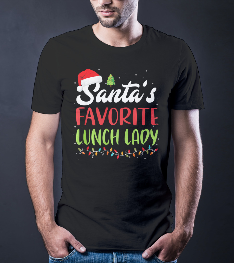Santa's Favorite Lunch Lady Christmas Lights Santa Hat Tree T-Shirt