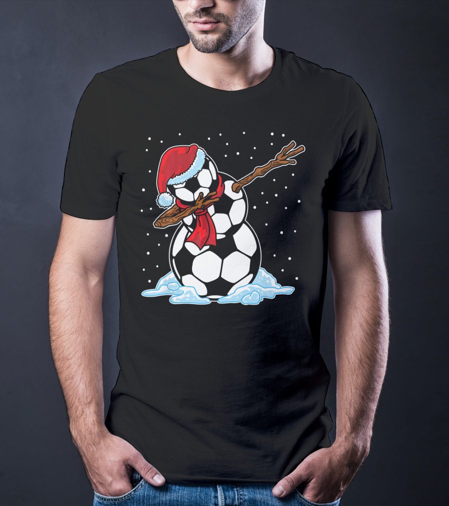 Santa Hat Soccer Ball Snowman With Red Scarf Dabbing In Snowflakes T-Shirt