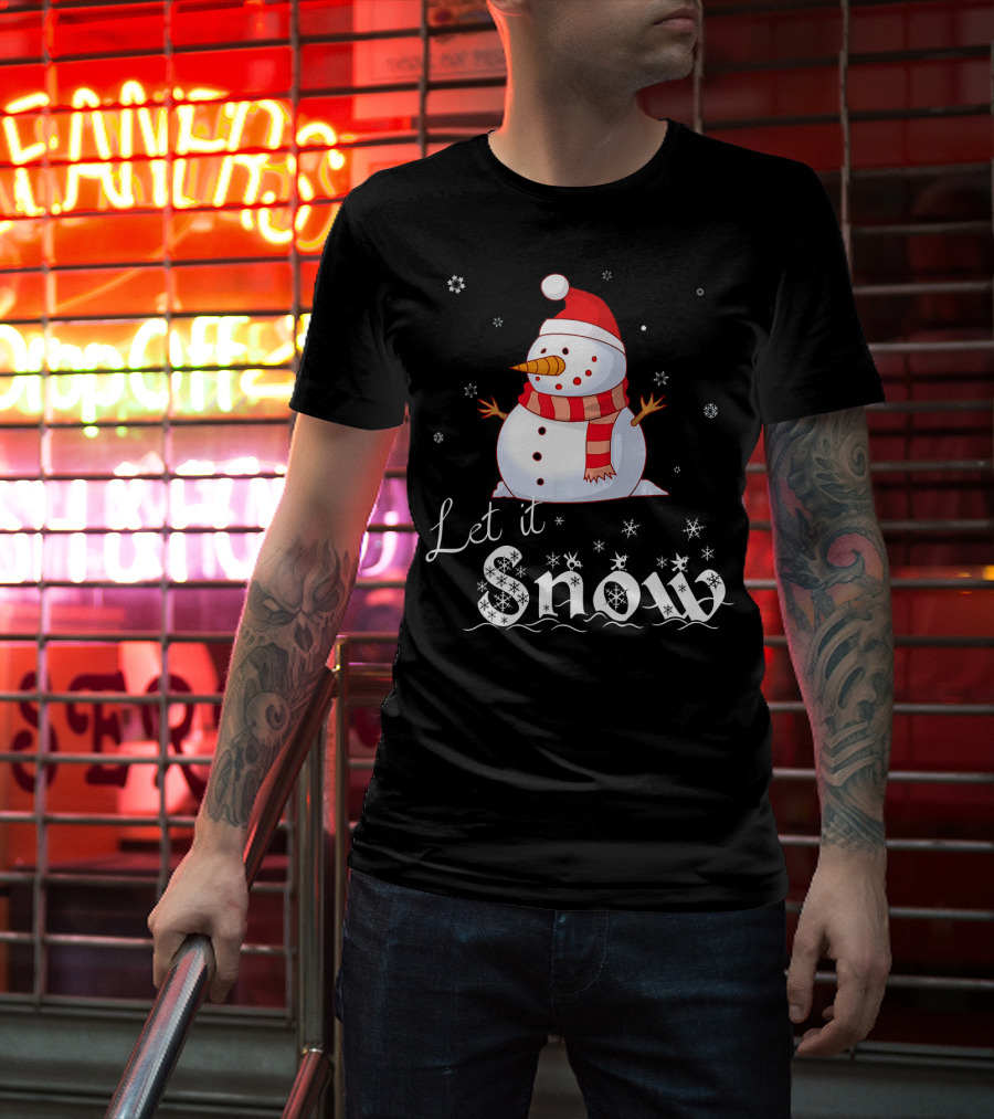 Let It Snow Cute Snowman In Santa Hat And Scarf With Snowflakes T-Shirt