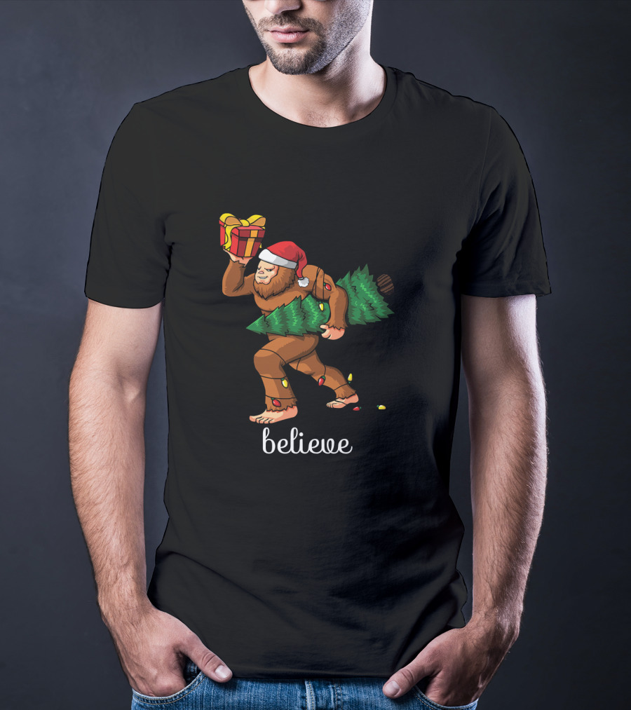 Believe Bigfoot Christmas Tree Sasquatch Santa Hat Gift T-Shirt