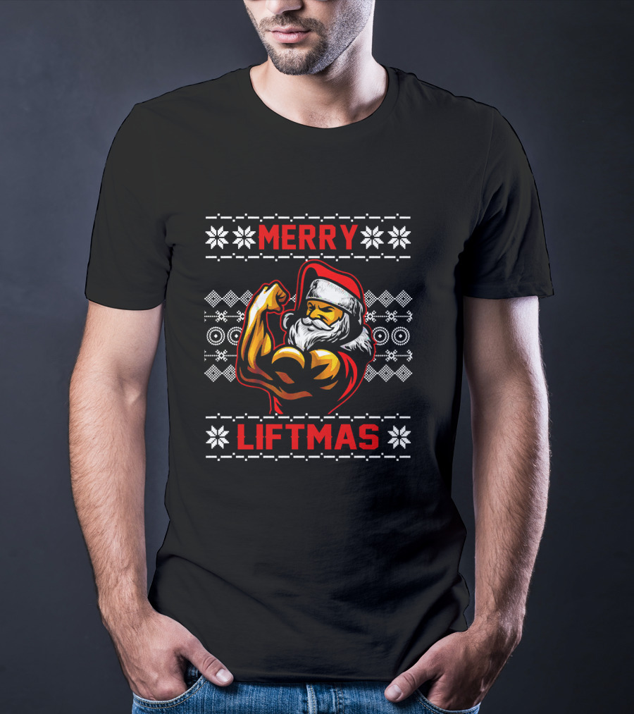 Merry Liftmas Ugly ChristmasGym Santa Claus Muscles Flexing Festive Snowflakes T-Shirt
