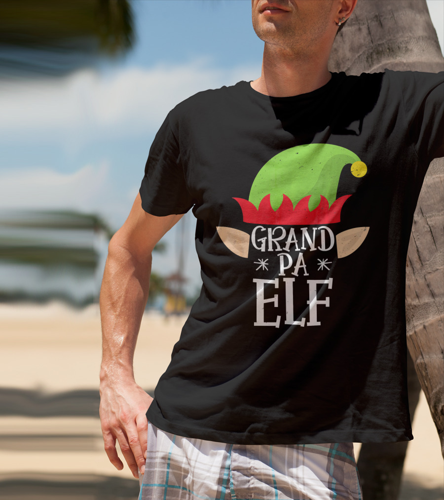 Grandpa Elf Funny Christmas Family Match Holiday Hat And Ears T-Shirt