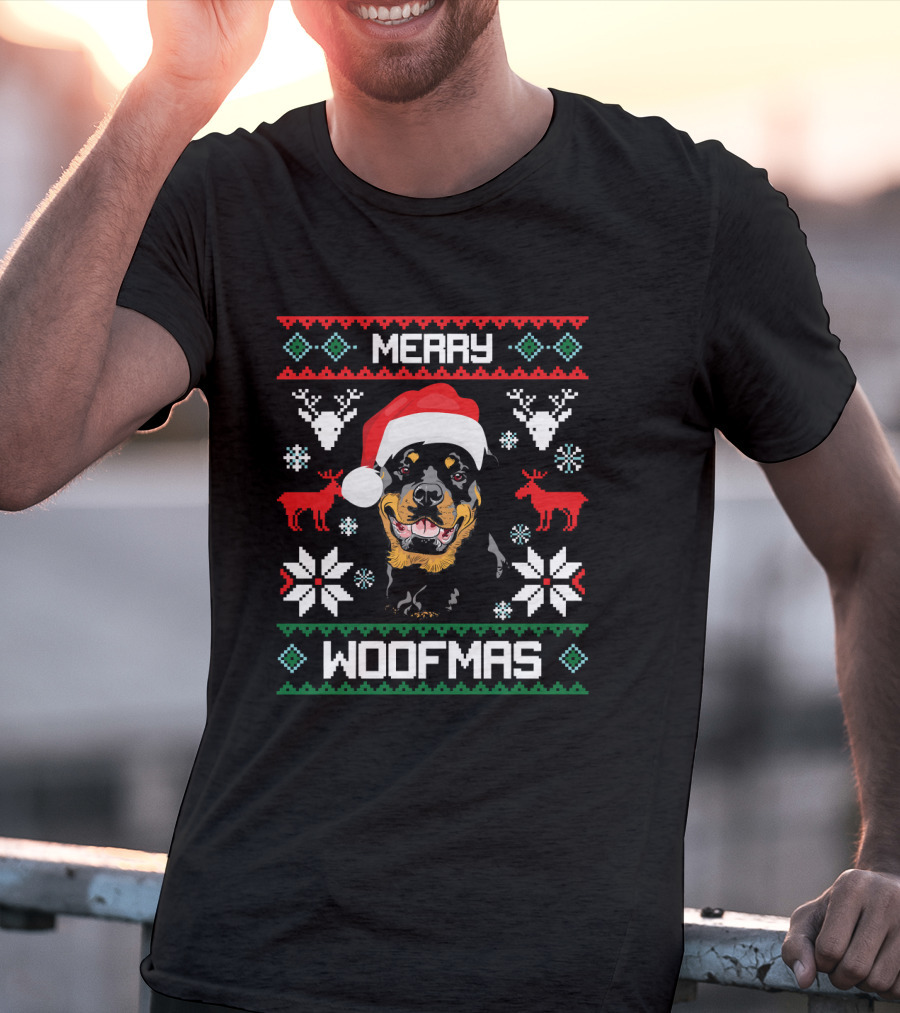 Rottweiler Merry Woofmas Santa Hat Reindeer Ugly Christmas T-Shirt
