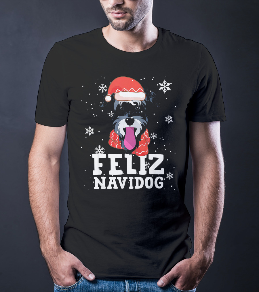 Feliz Navidog Miniature Schnauzer Dog Santa Hat Snowflakes T-Shirt