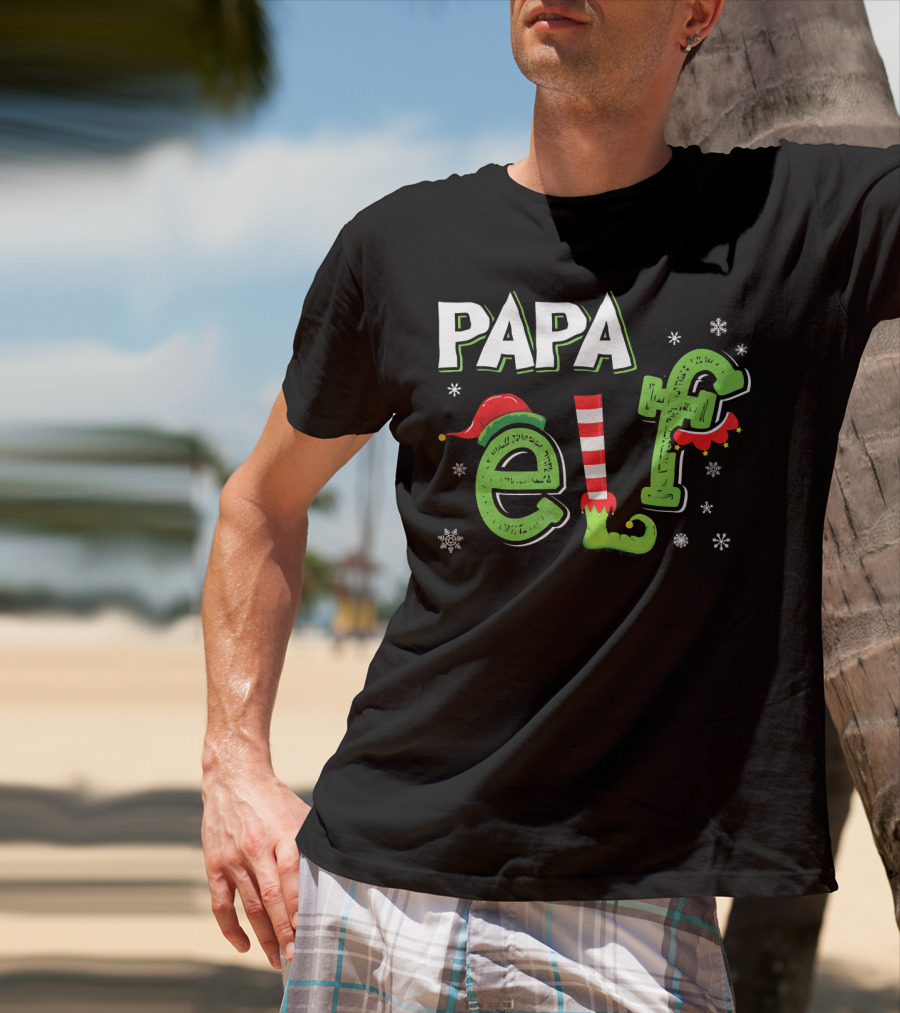 PAPA ELF Christmas Hat Stripes And Snowflakes T-Shirt