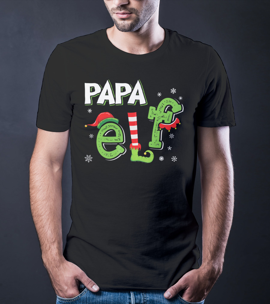 PAPA ELF Christmas Hat Stripes And Snowflakes T-Shirt