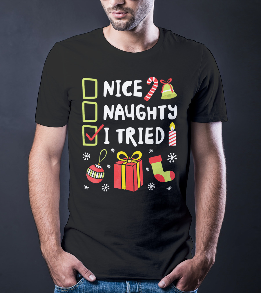 Nice Naughty I Tried Christmas Checklist Candle Gift Stocking T-Shirt