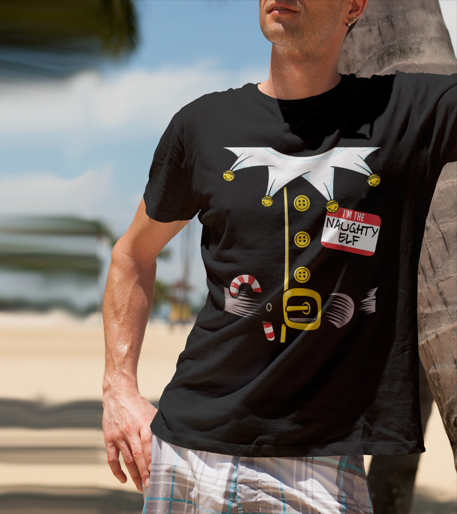 I'm The Naughty Elf With Candy Cane And Bell Collar T-Shirt