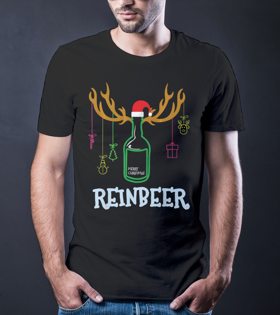 Reinbeer Merry Christmas Antler Bottle With Santa Hat And Hanging Decorations T-Shirt