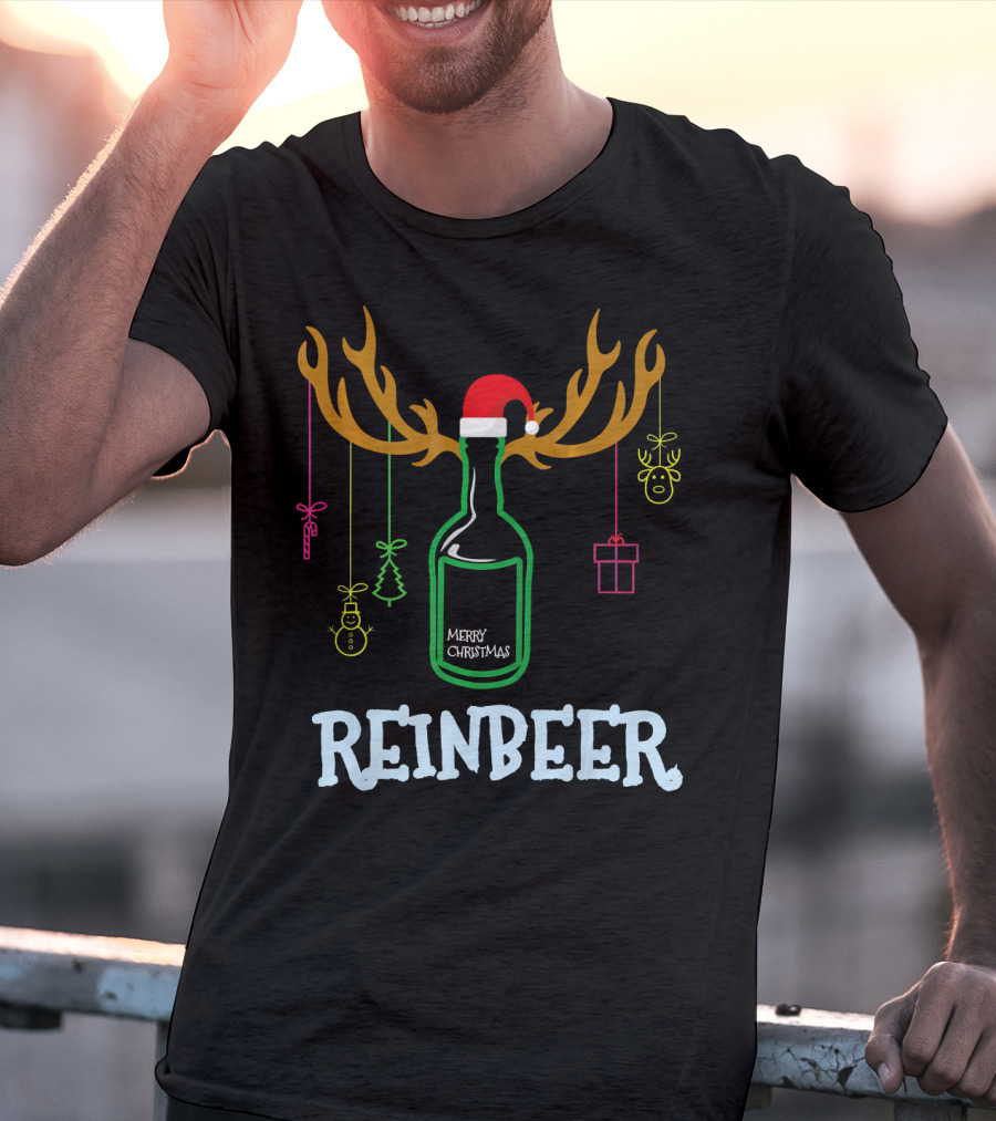 Reinbeer Merry Christmas Antler Bottle With Santa Hat And Hanging Decorations T-Shirt