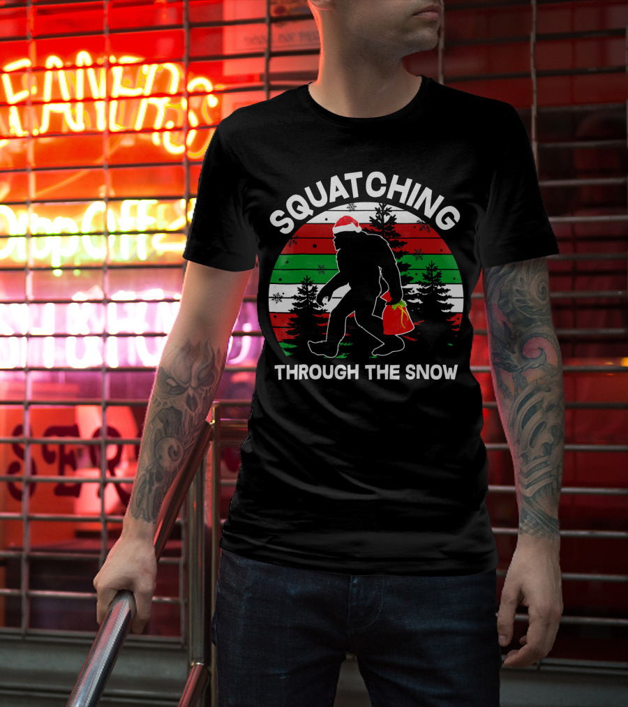 Squatching Through The Snow Santa Bigfoot T-Shirt