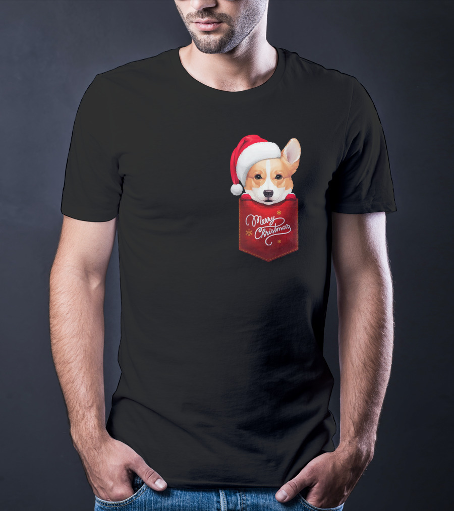 Merry Christmas Welsh Corgi In Santa Hat Pocket T-Shirt