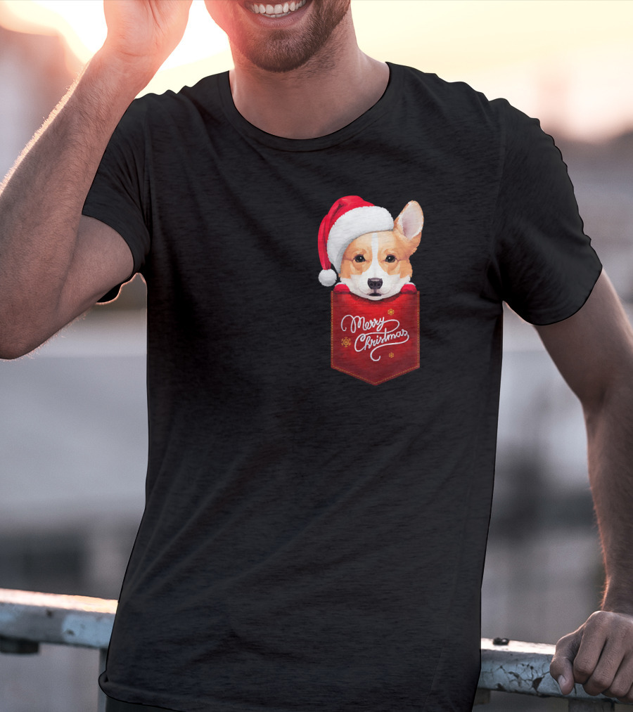 Merry Christmas Welsh Corgi In Santa Hat Pocket T-Shirt