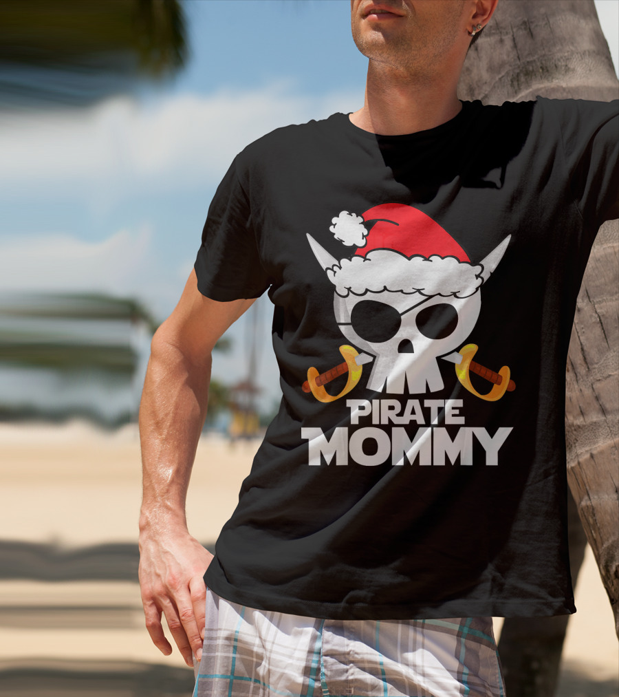 Funny Santa Claus Pirate Mommy Skull With Santa Hat And Swords T-Shirt
