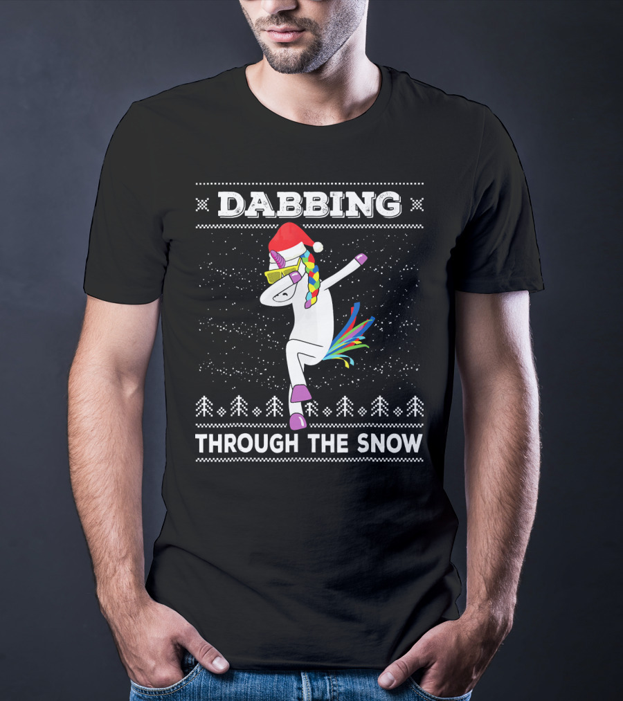 Dabbing Unicorn Through The Snow Santa Hat Christmas T-Shirt