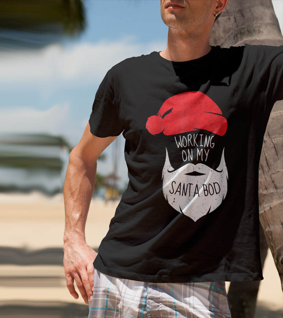 Mens Working On My Santa Bod Beard Santa Hat T-Shirt