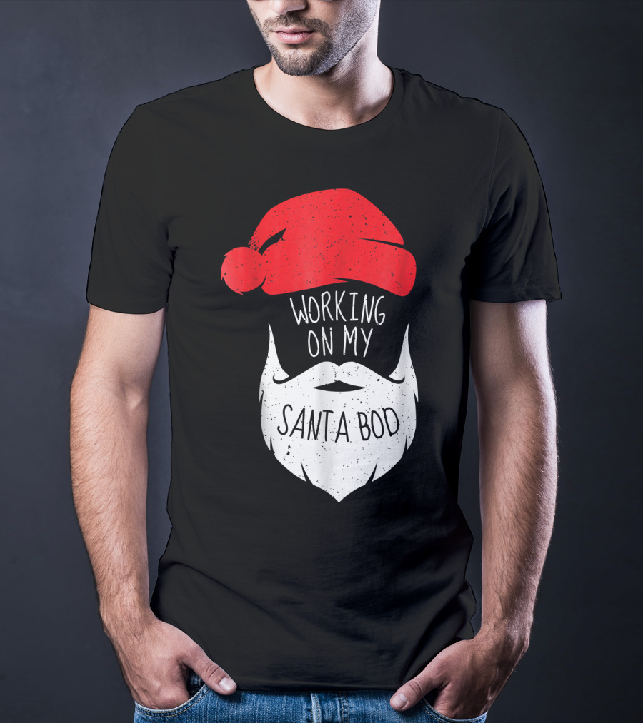 Mens Working On My Santa Bod Beard Santa Hat T-Shirt