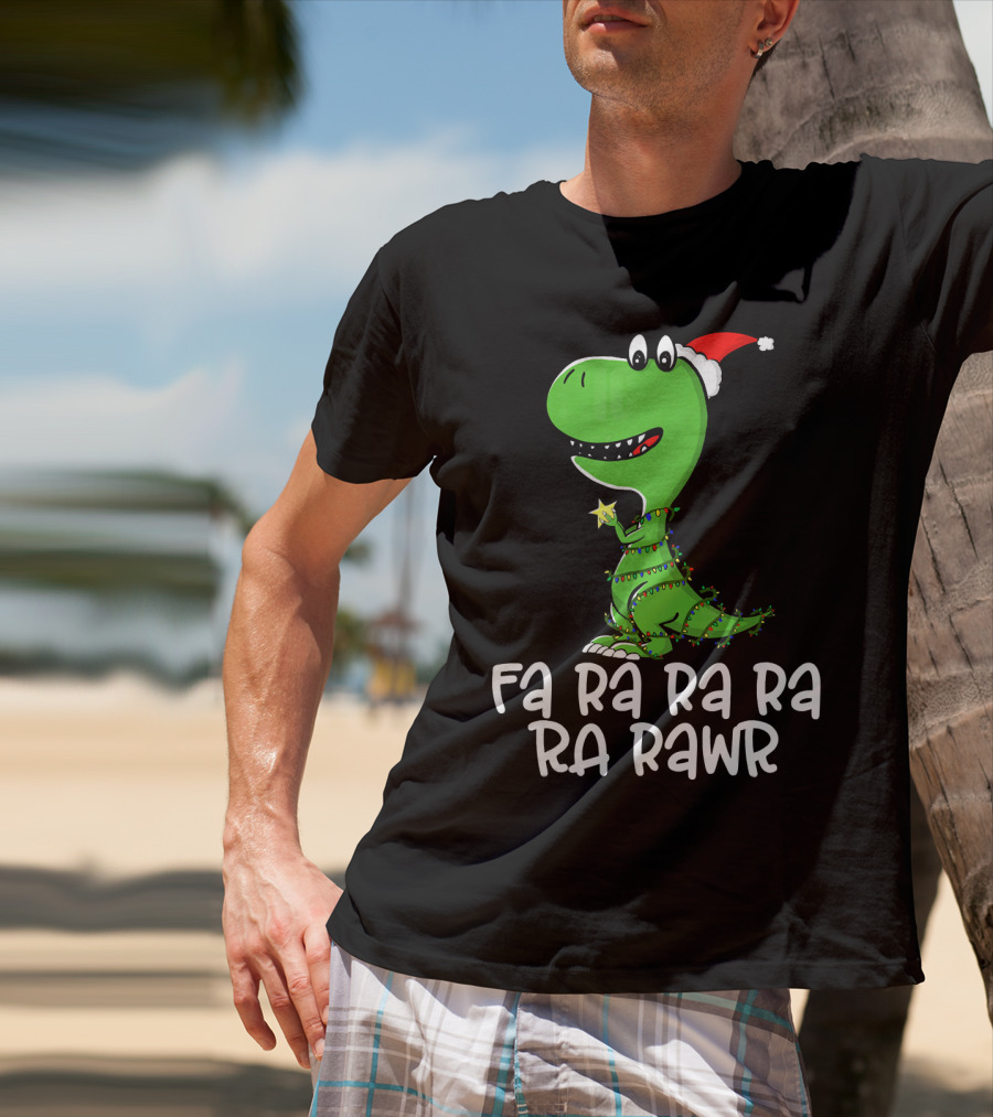 Fa Ra Ra Ra Rawr Dinosaur Christmas Lights Santa Hat T-Shirt